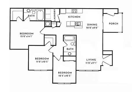 Floor plan for 3 beds, 2 baths, 1420 sqft